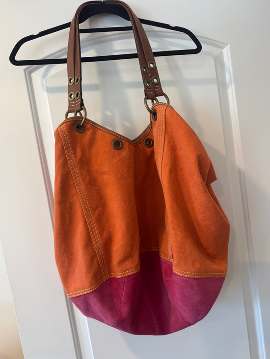 Lucky Brand Handbags - Gorgeous Lucky Brand Oversized Orange Pink Suede Canvas Travel Tote Y2K Rare. 🩷🧡